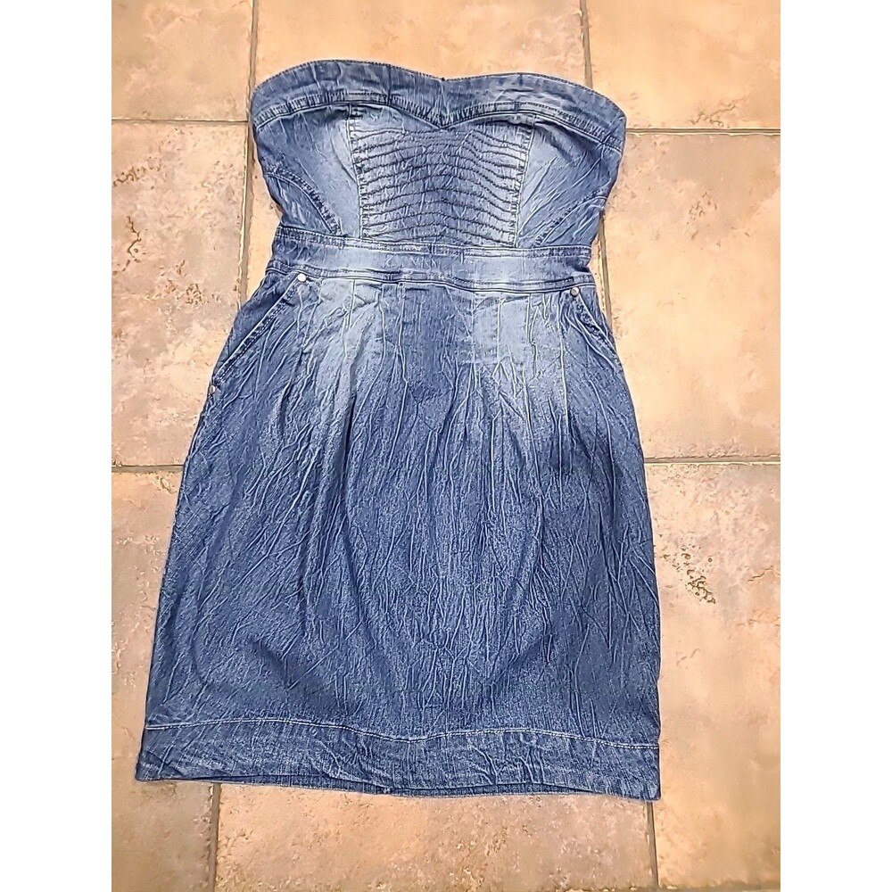 BLUE ASPHALT Juniors Strapless Pleated Denim Jean Dress w/ Pockets Blue XS